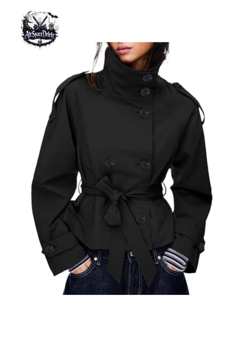 Women's Cropped Trench Coat Double Breasted Belted Lightweight Funnel Neck